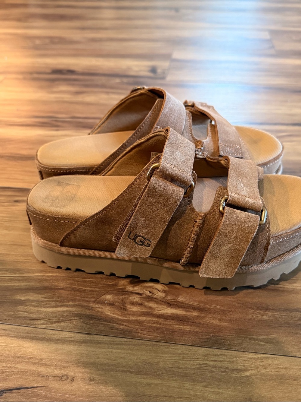 UGG women Suede Double-Strap Sandals in Chestnut Brown